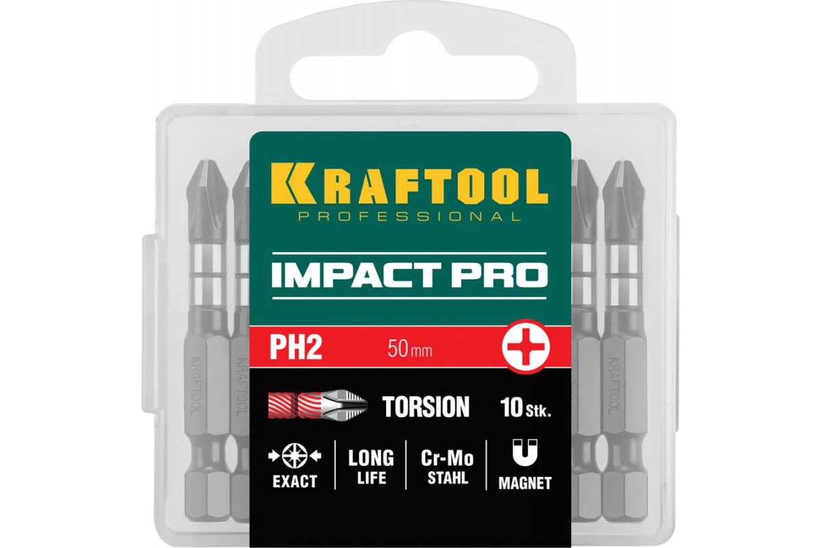 Набор бит Impact Pro, Philips, Cr-Mo сталь, PH2, 50 мм, 10 шт, KRAFTOOL, 987-04088