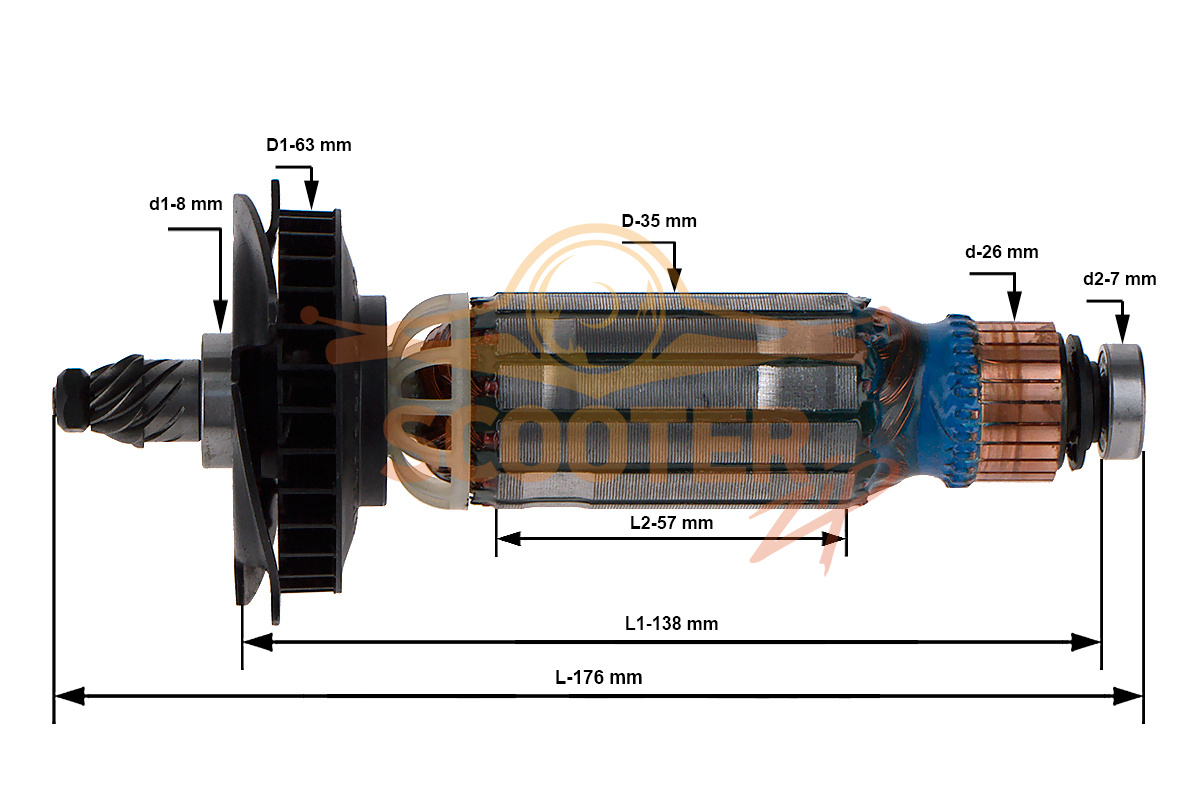 Ротор (Якорь) (L-176 мм, D-35 мм) для болгарки (УШМ) DeWalt DWEN201 TYPE 1, 623584-16