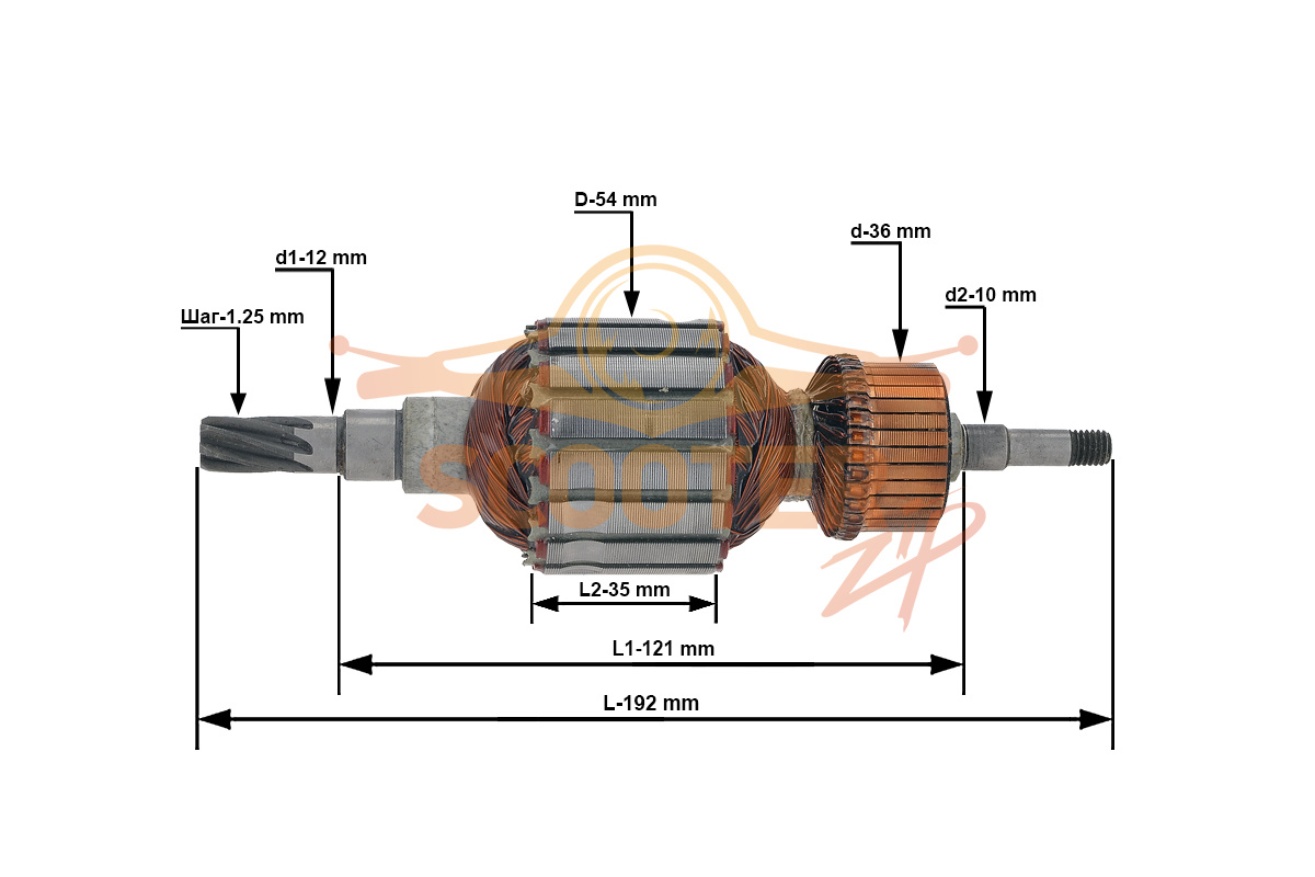 Ротор (Якорь) (L-192 мм, D-54 мм, 7 зубов, наклон вправо) для перфоратора MAKITA HR5210C, 889-1919