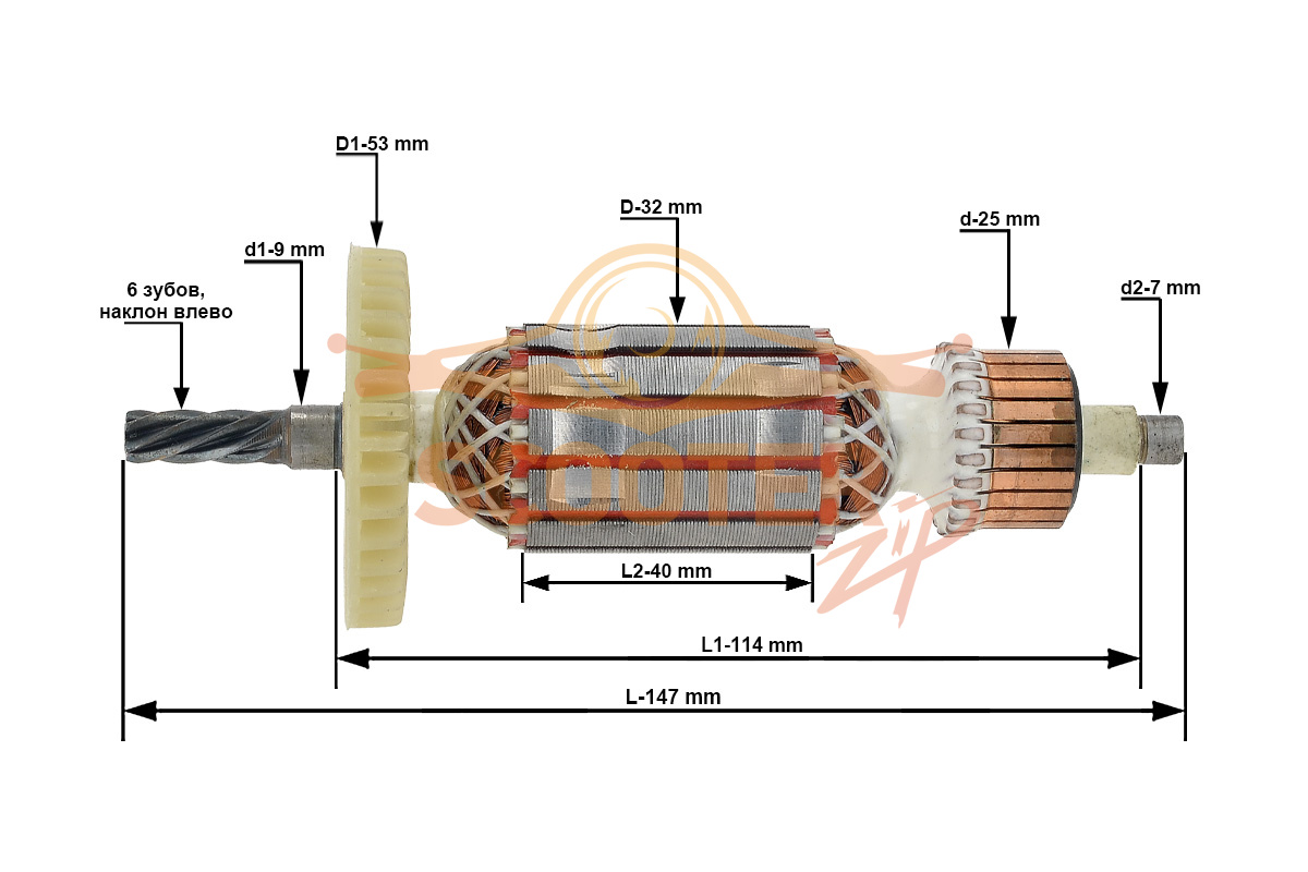 Ротор (Якорь) дрель МЭС-600 (L-146,5 мм D- 31,5 мм 6 зубов наклон влево), 851-4708
