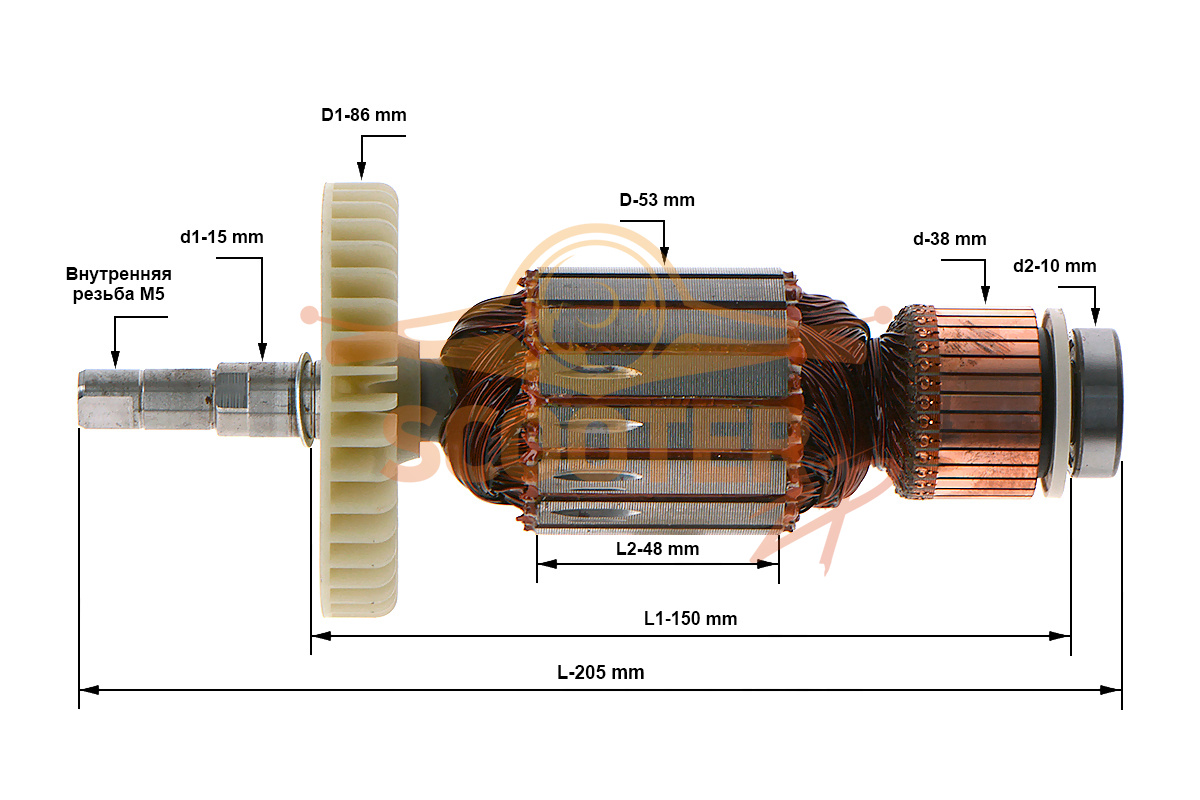 Ротор (Якорь) (L-205 мм, D-53 мм, внутренняя резьба М5) для пилы торцовочной ИНТЕРСКОЛ ПРР-305/1800, 81272VNY