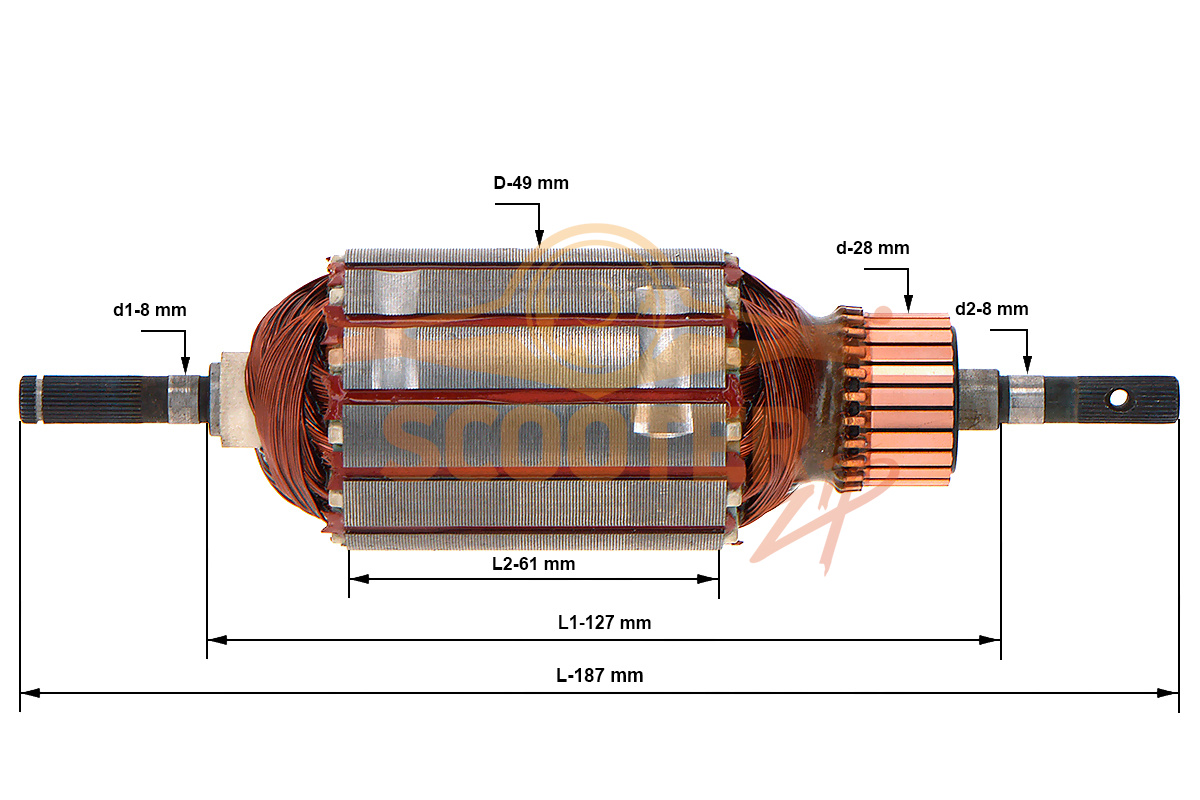 Ротор (Якорь) (L-187 мм, D-49 мм) для триммера электрического ИНТЕРСКОЛ КРЭ-23/1000, 79.04.02.01.00