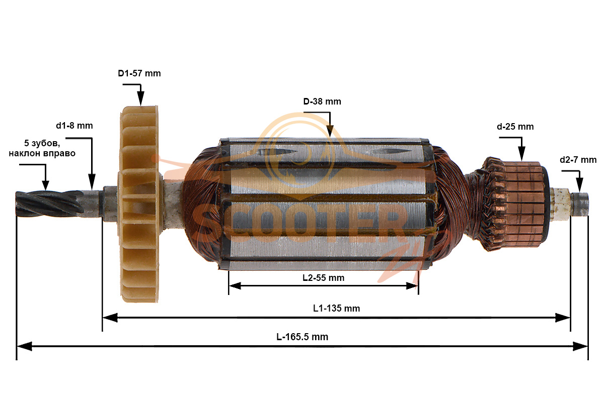 Ротор (Якорь) REBIR TRU4S-13ER-2 0311207252 (L-165.5 мм, D-38 мм, 5 зубов, наклон вправо), D1050 XP-43A