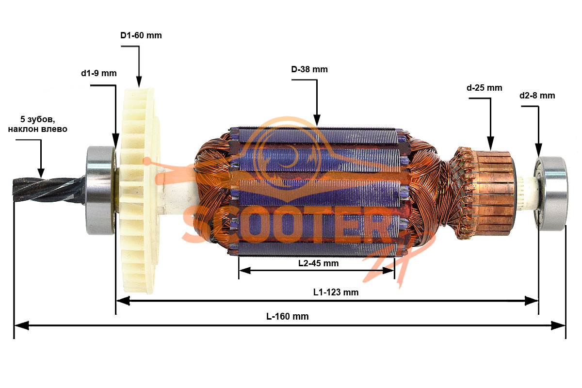 Ротор (Якорь) REBIR FZ6S-100EL 4700007213 (L-160 мм, D-38 мм, 5 зубов, наклон влево), PSJ720N-56