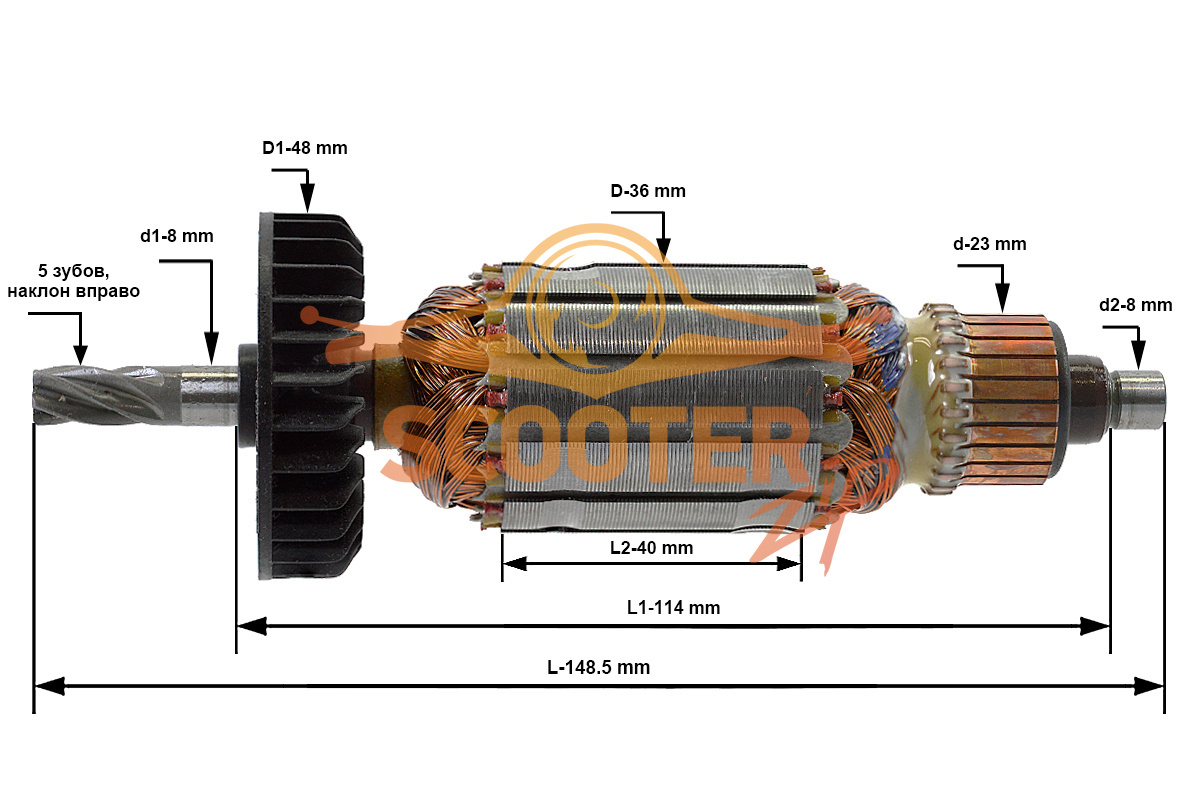 Ротор (Якорь) 220-230В (L-148.5 мм, D-36 мм, 5 зубов, наклон вправо), 360720E