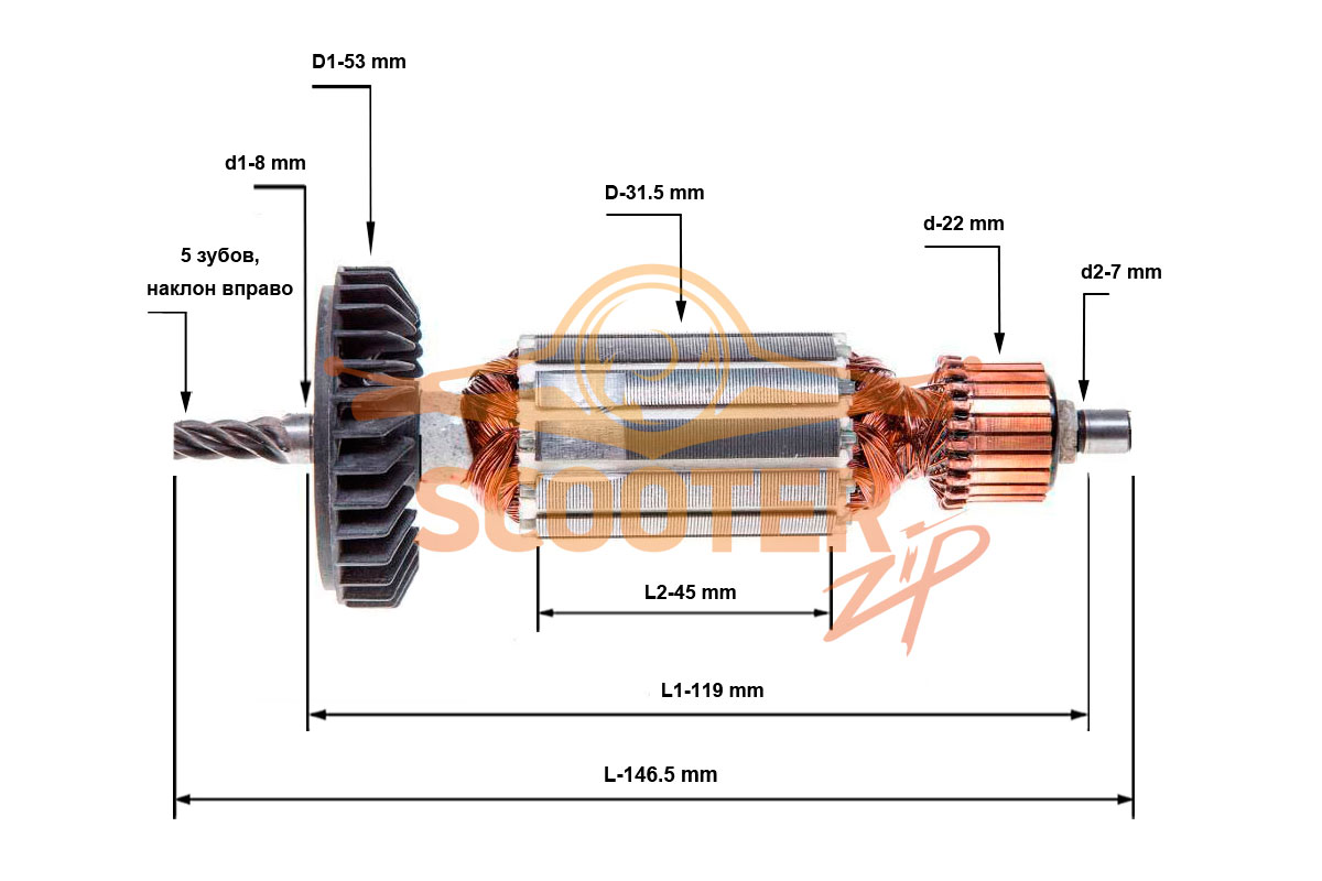 Ротор (Якорь) (L-146.5 мм, D-31.5 мм, 5 зубов, наклон вправо) для лобзика MAKITA 4305, 887-0029