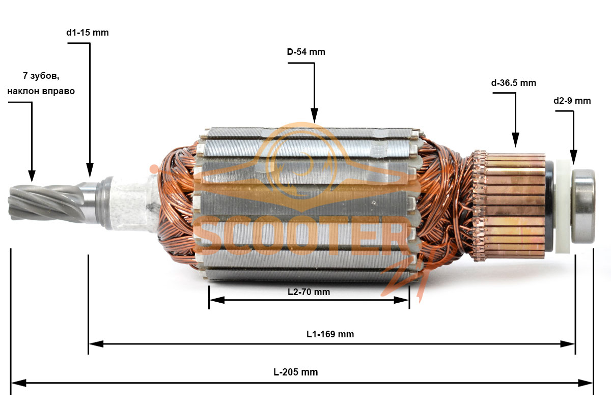 Ротор (Якорь) MAKITA для дисковой пилы 5143R (L-205 мм, D-54 мм, 7 зубов, наклон вправо) ОРИГИНАЛ, 516668-7