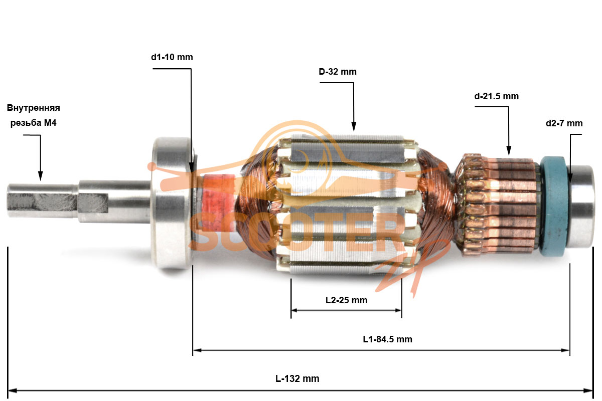 Ротор (Якорь) MAKITA для шлифмашины вибрационной BO3710, BO3711 (L-132 мм, D-32 мм, внутренняя резьба М4) ОРИГИНАЛ, 515784-2