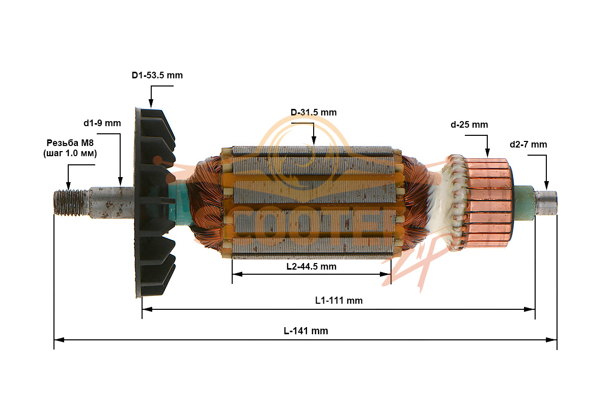 Ротор (Якорь) (L-141 мм, D-31.5 мм, резьба М8 (шаг 1.0 мм)) ФИОЛЕНТ МФ2-620Э Фрезер 620W аналог, 889-0677