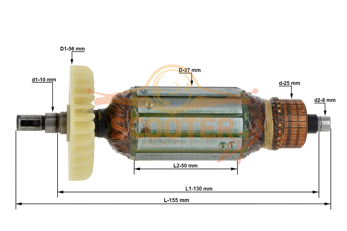 Ротор (Якорь) (L-155 мм, D-37 мм, шпонка), Машина шлифовальная угловая (болгарка) URAGAN HWS-125-850, U253-850-029-K