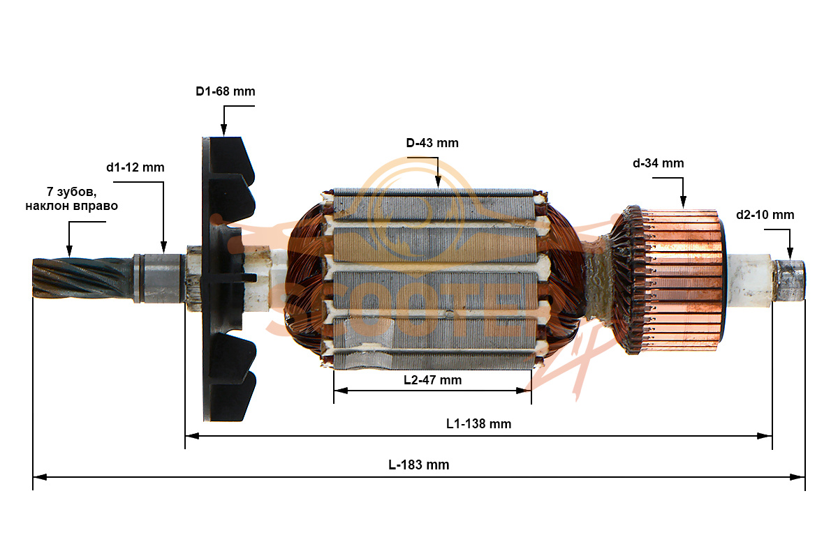 Ротор (Якорь) (L-183 мм, D-43 мм, 7 зубов, наклон вправо) для дрели REBIR IE-1305K, 889-0039