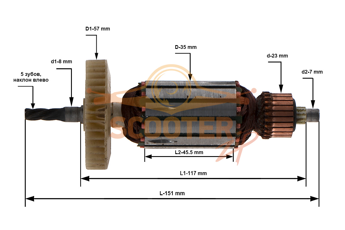 Ротор (Якорь) ДИОЛД ПЛЭ-1-08 лобзик (L-151 мм, D-35 мм, 5 зубов, наклон влево), 889-0648
