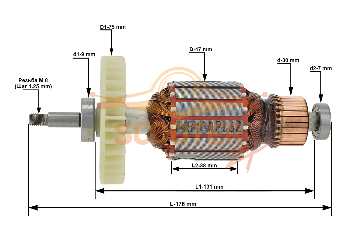 Ротор (Якорь) (L-176 мм, D-47 мм, резьба М8 (шаг 1,25)) для электропилы CHAMPION 418N-16, 8440-433407-0000010