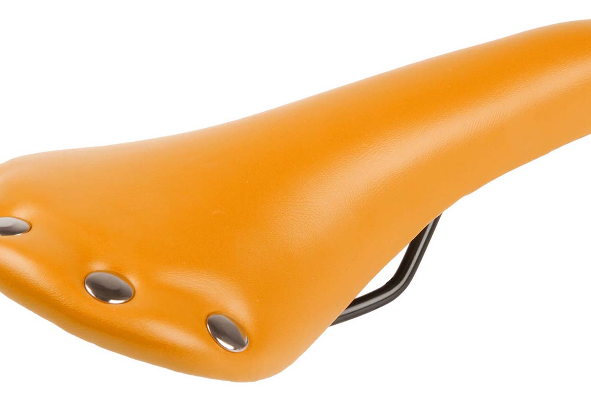 Седло велосипедное, универсальное 278х153мм специальный наполнитель, ретро-дизайн, под кожу с 6 заклепками 297г. оранжевое VENTURA RIVET, 5-251047
