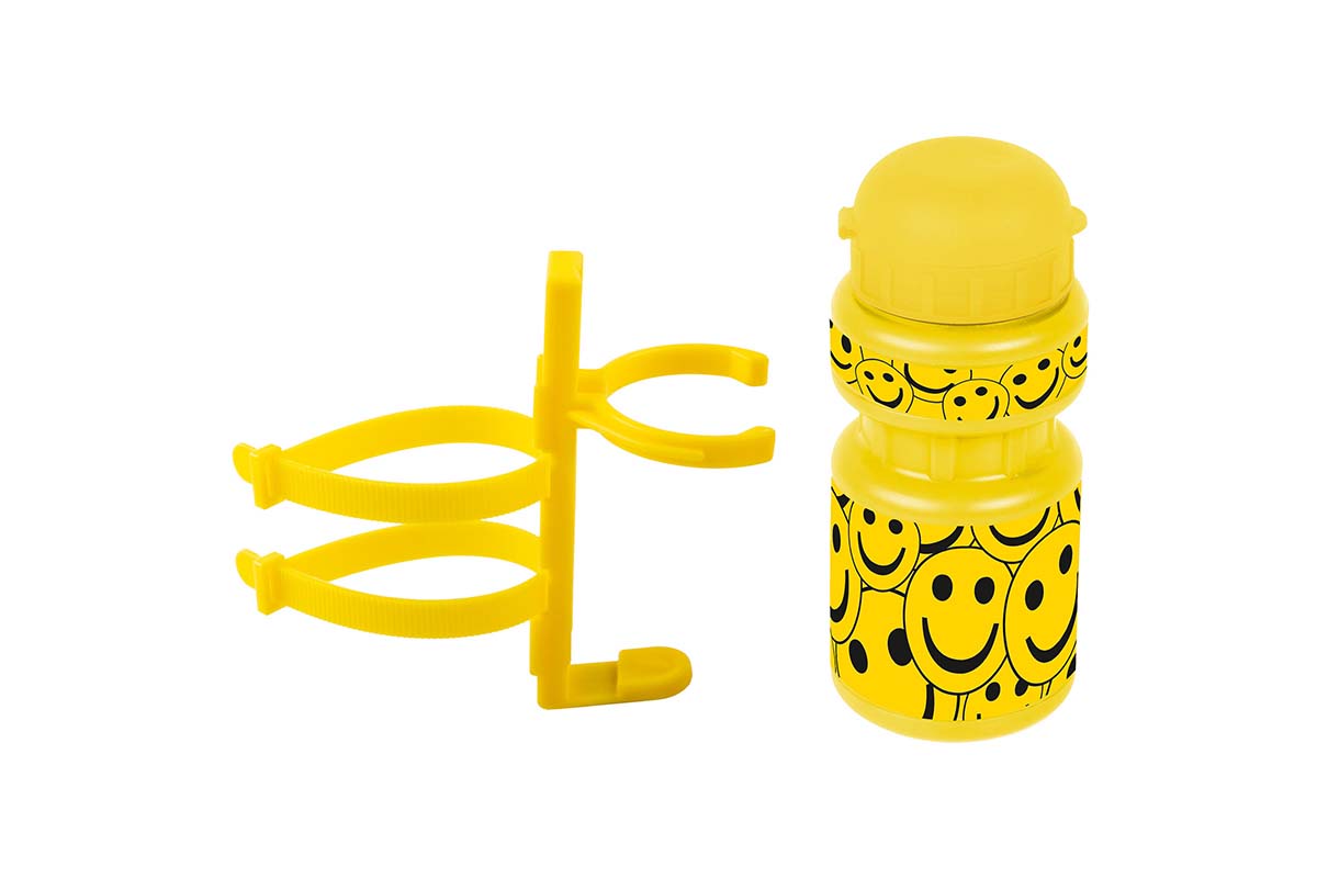 Фляга детская пластиковая 0,3л желтая смайл+держатель пластик с универсальным креплением VENTURA KIDS NEW, 5-340214